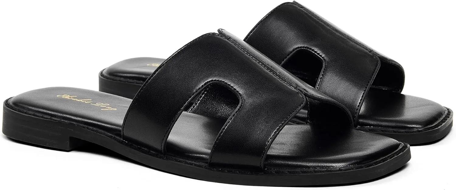 Elisabet Tang Retro Summer Trendy Flat Sandals for Women Fashion - Leather Beach Slide Slipper Comfort Daily Outdoor