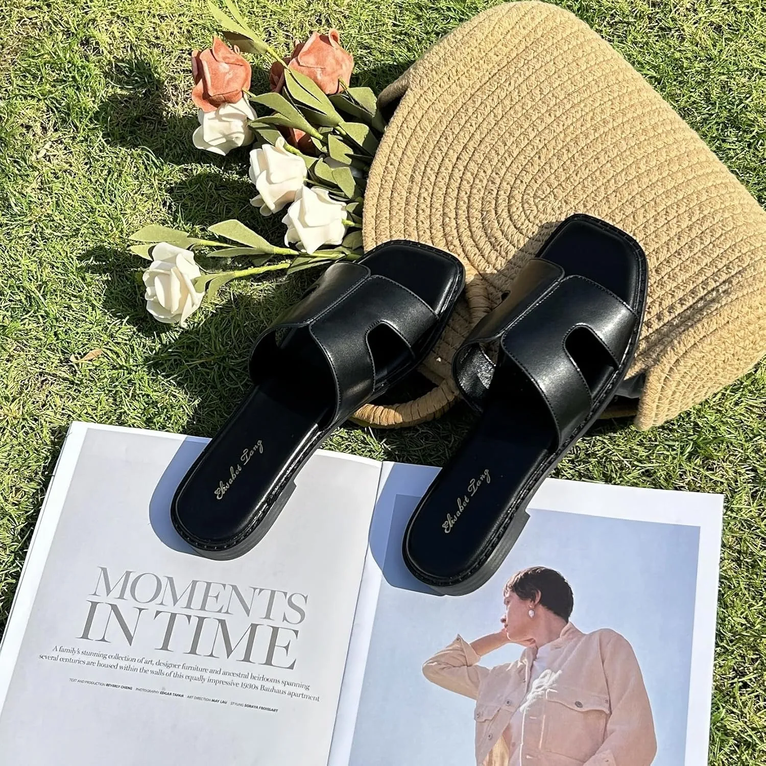 Elisabet Tang Retro Summer Trendy Flat Sandals for Women Fashion - Leather Beach Slide Slipper Comfort Daily Outdoor