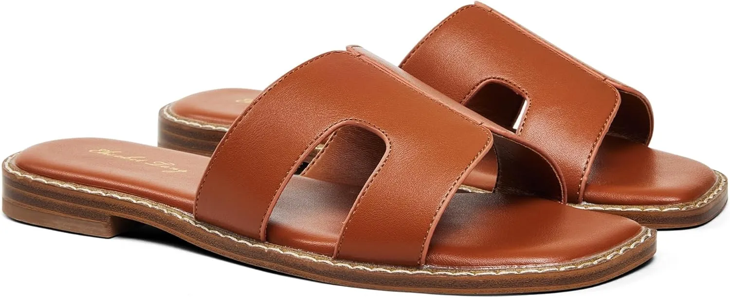 Elisabet Tang Retro Summer Trendy Flat Sandals for Women Fashion - Leather Beach Slide Slipper Comfort Daily Outdoor