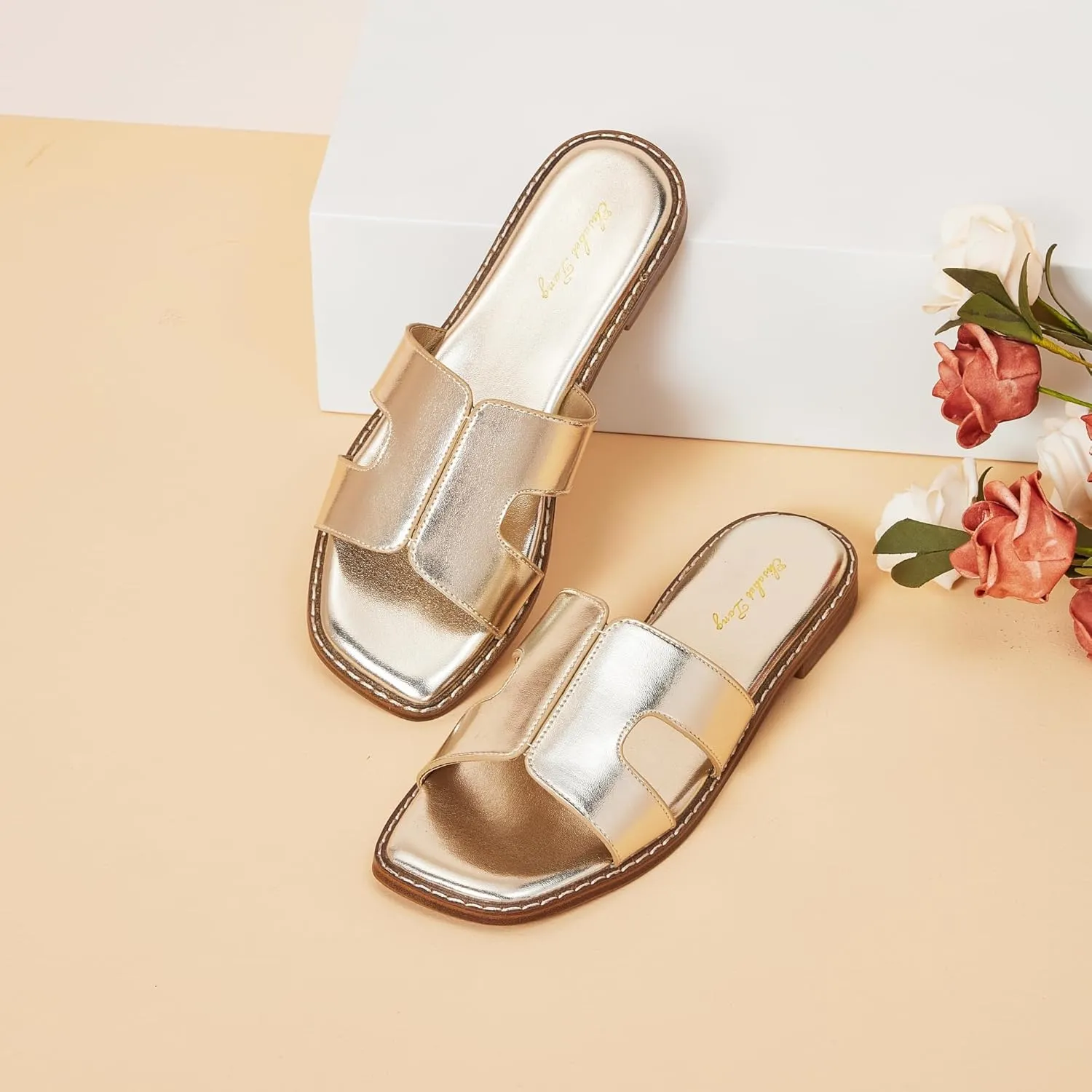 Elisabet Tang Retro Summer Trendy Flat Sandals for Women Fashion - Leather Beach Slide Slipper Comfort Daily Outdoor