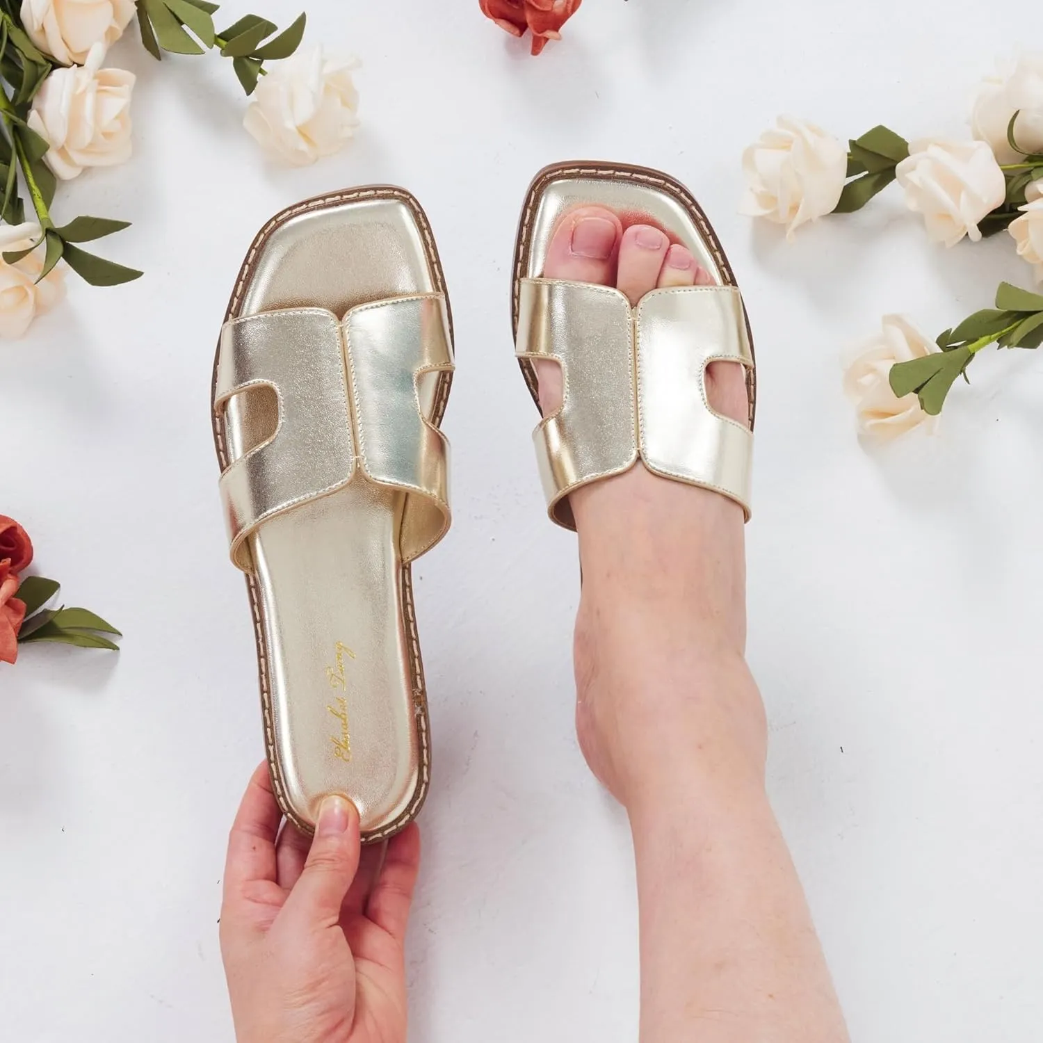 Elisabet Tang Retro Summer Trendy Flat Sandals for Women Fashion - Leather Beach Slide Slipper Comfort Daily Outdoor