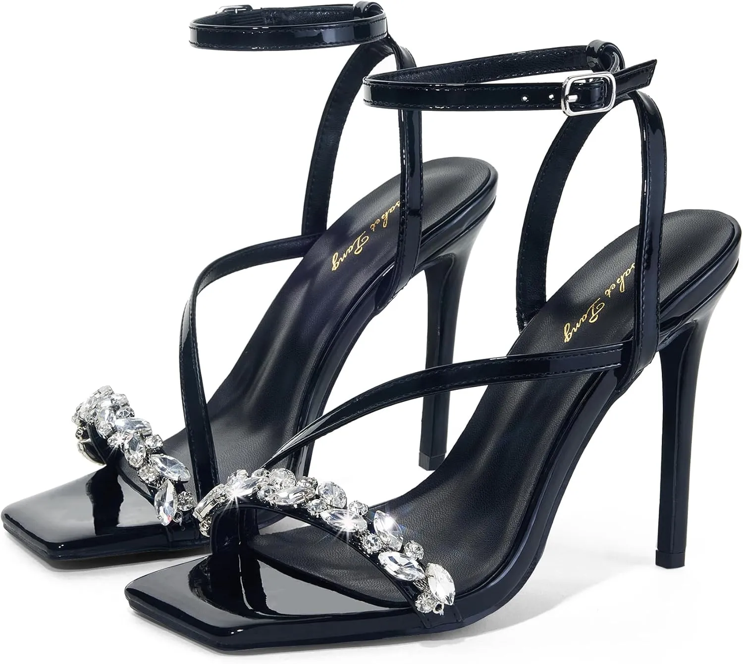 Elisabet Tang Women’s Crystal Stilettos Heeled Sandals, 4 Inch Square Open Toe Strappy Sexy High Heels Ankle Strap Buckle Heels for Party Wedding Dress Daily Wear Shoes
