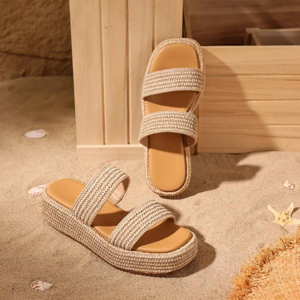 Erocalli Platform Sandals Women Cute Wedge Espadrilles Slip on Summer Beach Raffia Vacation Sandal Comfortable Open Toe Dressy Shoes