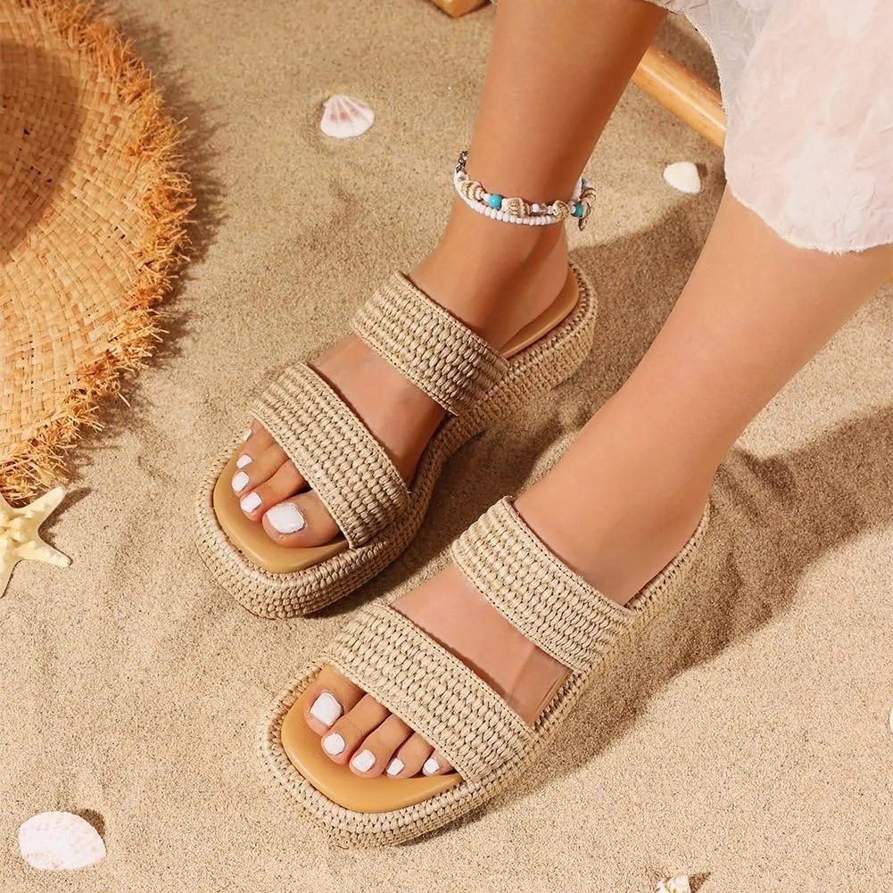 Erocalli Platform Sandals Women Cute Wedge Espadrilles Slip on Summer Beach Raffia Vacation Sandal Comfortable Open Toe Dressy Shoes