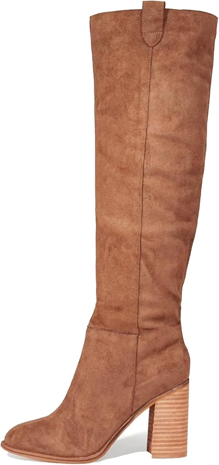 Erocalli Suede Knee-High Boots Fall Boot For Women Chunky Block High Heel Slouch Fashion Boot Round Toe Side Zipper…