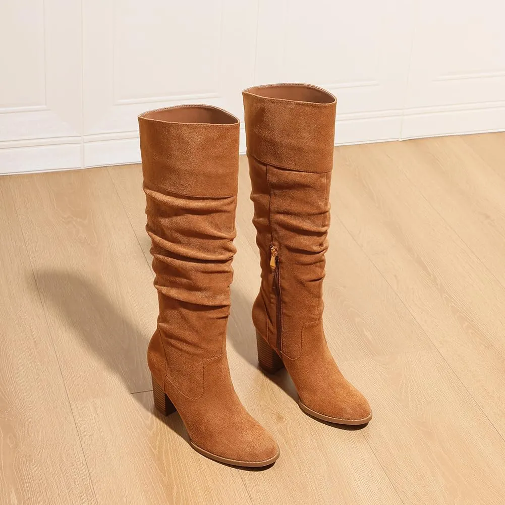 Erocalli Suede Knee-High Boots Fall Boot For Women Chunky Block High Heel Slouch Fashion Boot Round Toe Side Zipper