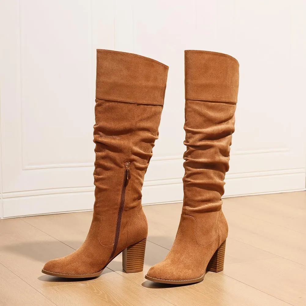 Erocalli Suede Knee-High Boots Fall Boot For Women Chunky Block High Heel Slouch Fashion Boot Round Toe Side Zipper