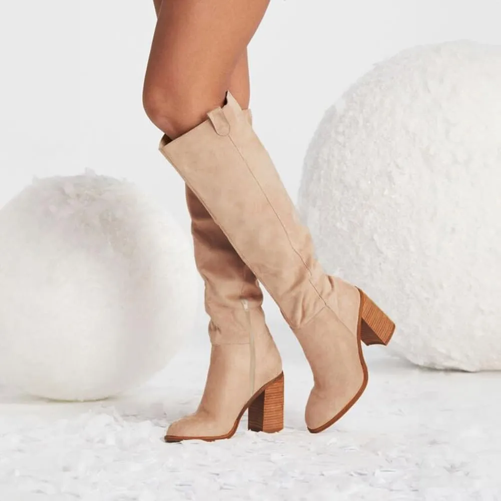 Erocalli Suede Knee-High Boots Fall Boot For Women Chunky Block High Heel Slouch Fashion Boot Round Toe Side Zipper…