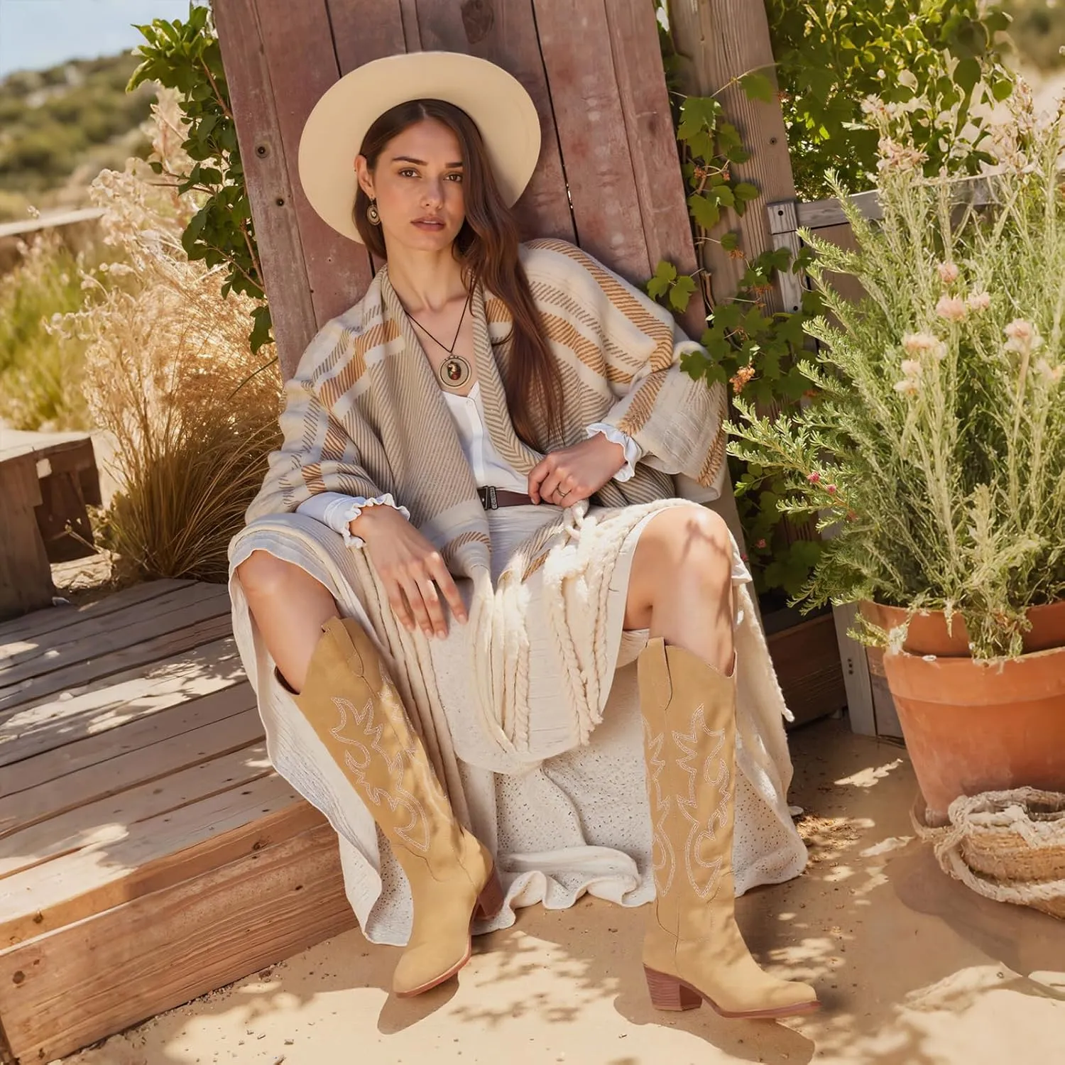 Erocalli White Cowgirl Boot Cowboy Boots for Women Embroidered Pull-On Chunky Stacked Heel Knee High Western Boots