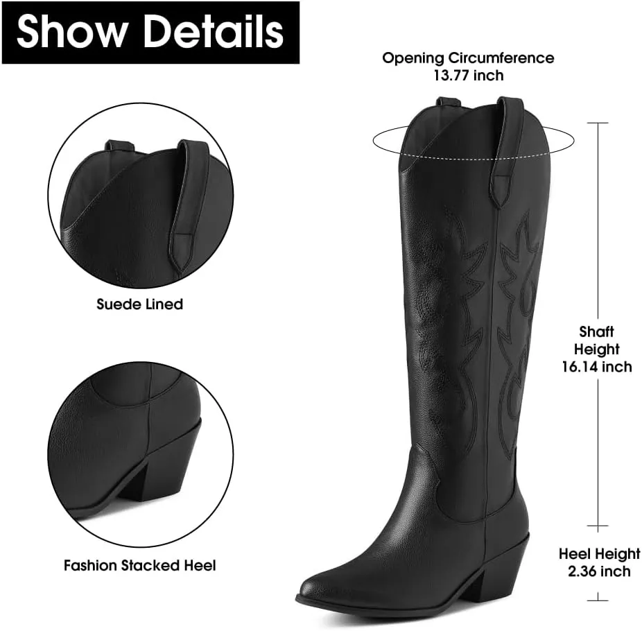 Erocalli White Cowgirl Boot Cowboy Boots for Women Embroidered Pull-On Chunky Stacked Heel Knee High Western Boots
