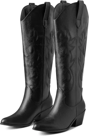 Erocalli White Cowgirl Boot Cowboy Boots for Women Embroidered Pull-On Chunky Stacked Heel Knee High Western Boots
