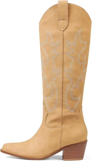 Erocalli White Cowgirl Boot Cowboy Boots for Women Embroidered Pull-On Chunky Stacked Heel Knee High Western Boots