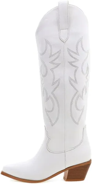 Erocalli White Cowgirl Boot Cowboy Boots for Women Embroidered Pull-On Chunky Stacked Heel Knee High Western Boots