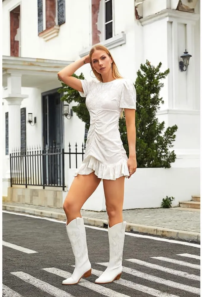 Erocalli White Cowgirl Boot Cowboy Boots for Women Embroidered Pull-On Chunky Stacked Heel Knee High Western Boots