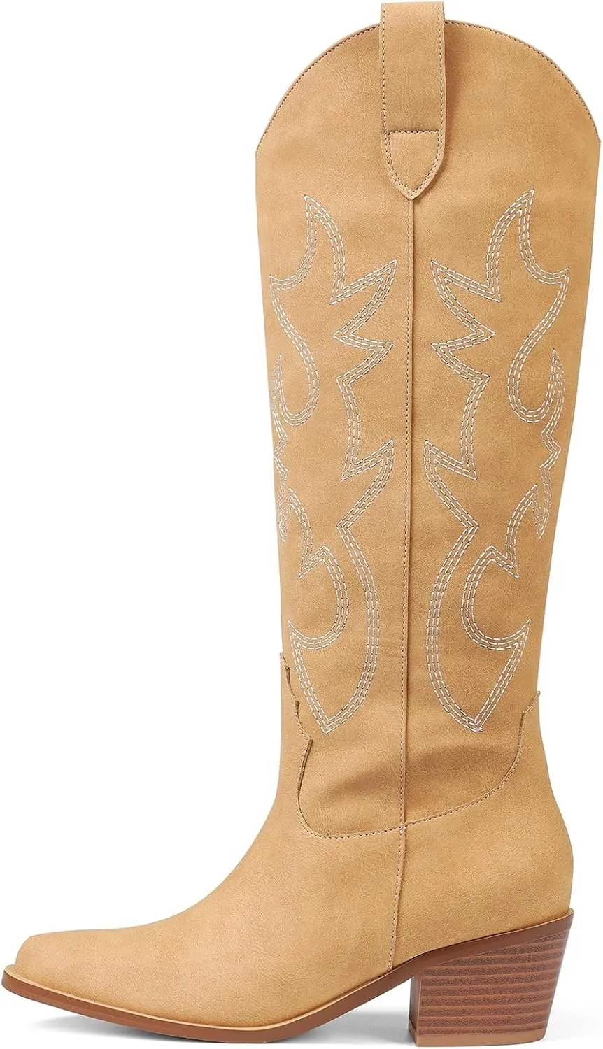 Erocalli White Cowgirl Boot Cowboy Boots for Women Embroidered Pull-On Chunky Stacked Heel Knee High Western Boots