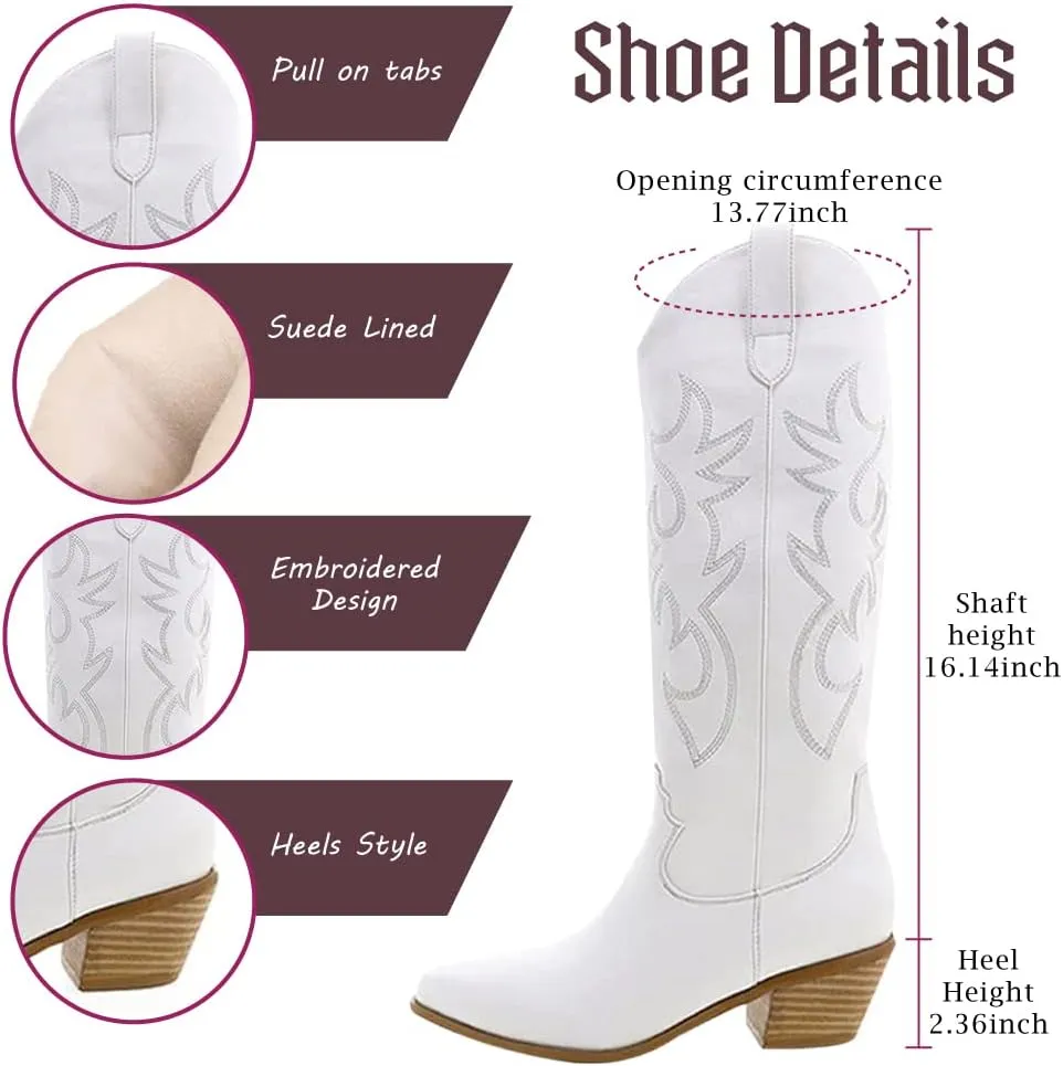 Erocalli White Cowgirl Boot Cowboy Boots for Women Embroidered Pull-On Chunky Stacked Heel Knee High Western Boots