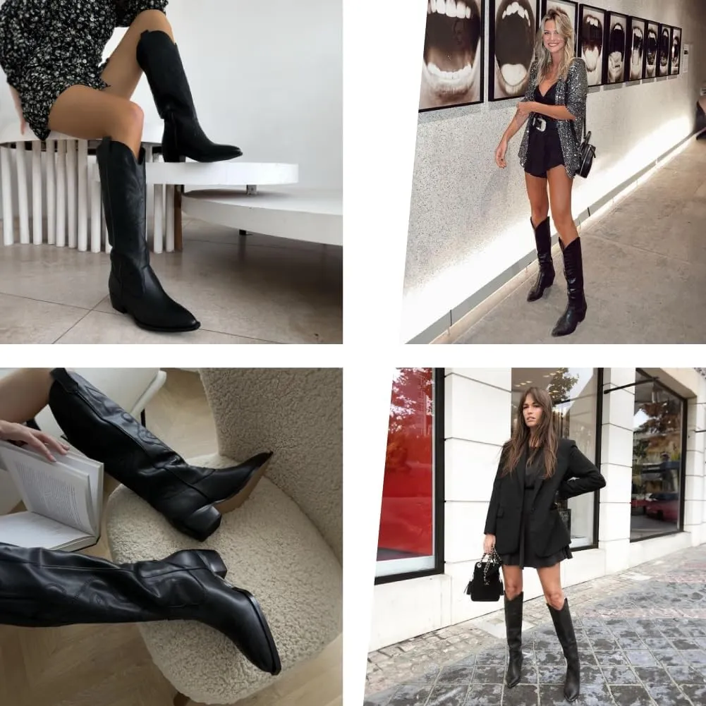 Erocalli White Cowgirl Boot Cowboy Boots for Women Embroidered Pull-On Chunky Stacked Heel Knee High Western Boots