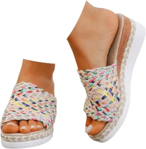 Espadrilles Wedge Sandals for Women,2025 Orthopedic Woven Open Toe Casual Slip On Sandals Fashionable Comfortable Wide Width Walking Dress Shoes for Beach Vacation