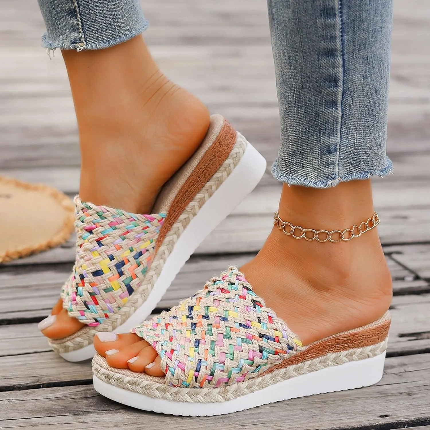 Espadrilles Wedge Sandals for Women,2025 Orthopedic Woven Open Toe Casual Slip On Sandals Fashionable Comfortable Wide Width Walking Dress Shoes for Beach Vacation