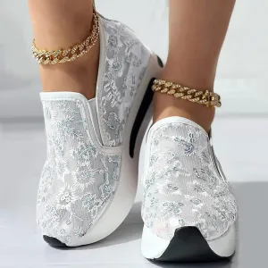 Floral Embroidery Breathable Sheer Mesh Sneakers for Women 2025 Spring Glitter Mesh Casual Sneakers Platform Wedge Floral Shoes Slip On Dressy Tennis Shoes for Outdoor Walking