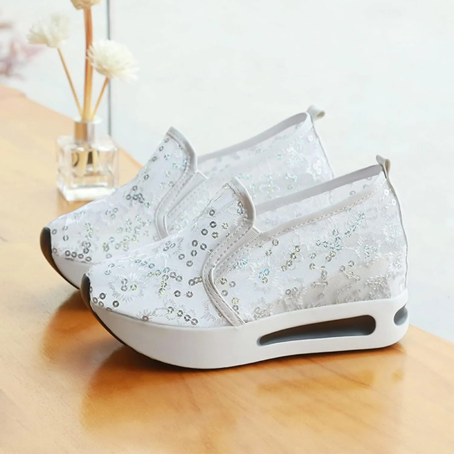 Floral Embroidery Breathable Sheer Mesh Sneakers for Women 2025 Spring Glitter Mesh Casual Sneakers Platform Wedge Floral Shoes Slip On Dressy Tennis Shoes for Outdoor Walking