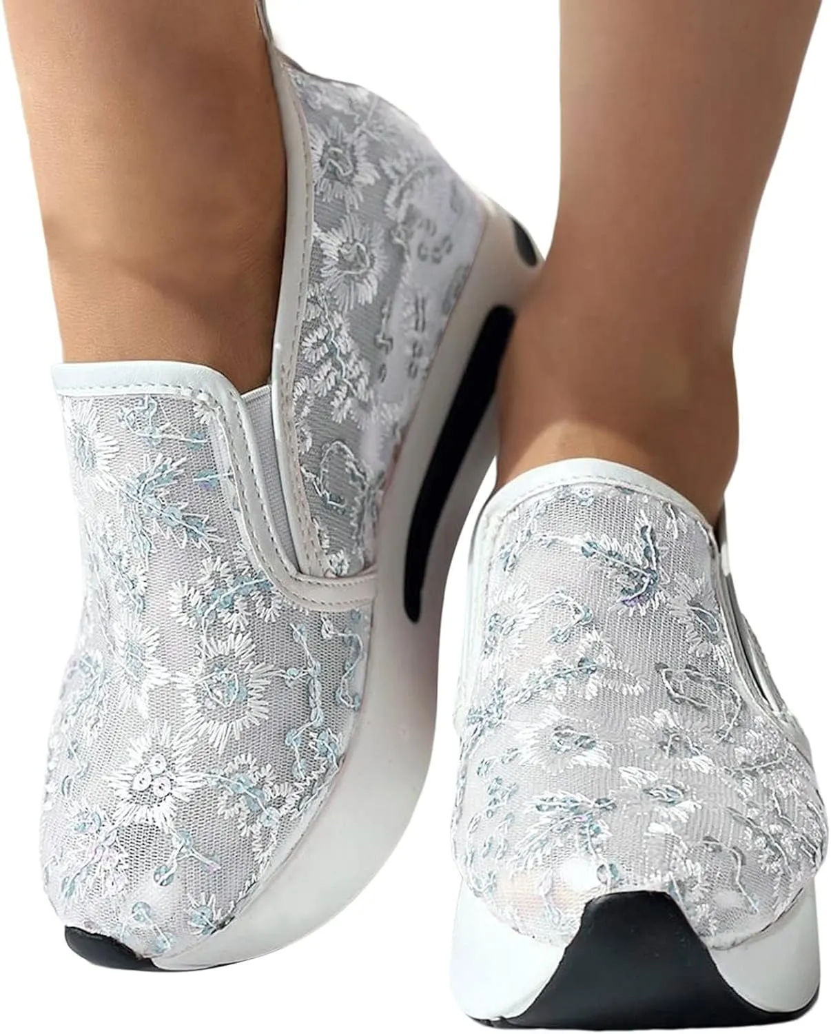 Floral Embroidery Breathable Sheer Mesh Sneakers for Women 2025 Spring Glitter Mesh Casual Sneakers Platform Wedge Floral Shoes Slip On Dressy Tennis Shoes for Outdoor Walking