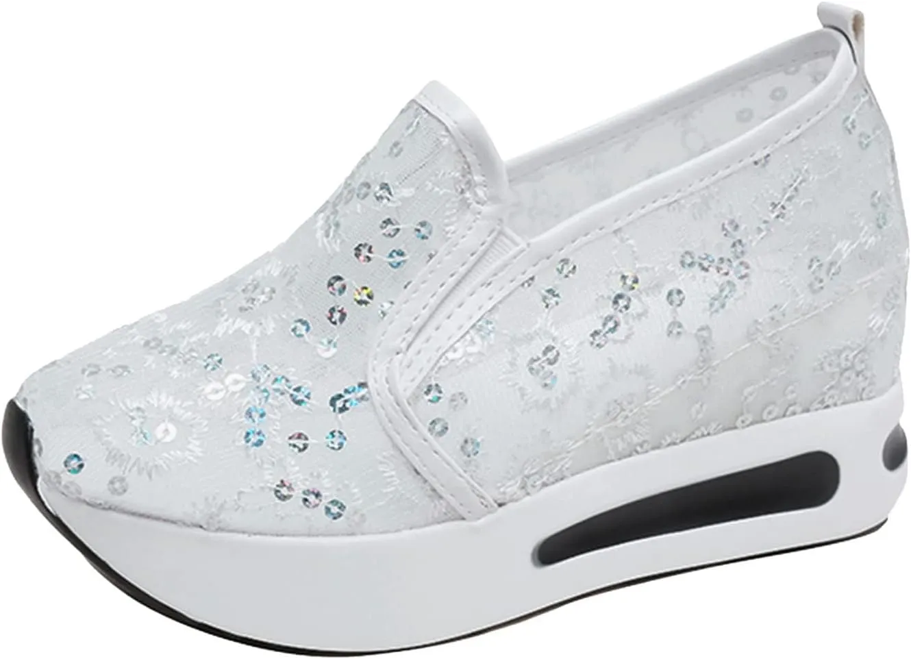 Floral Embroidery Breathable Sheer Mesh Sneakers for Women 2025 Spring Glitter Mesh Casual Sneakers Platform Wedge Floral Shoes Slip On Dressy Tennis Shoes for Outdoor Walking