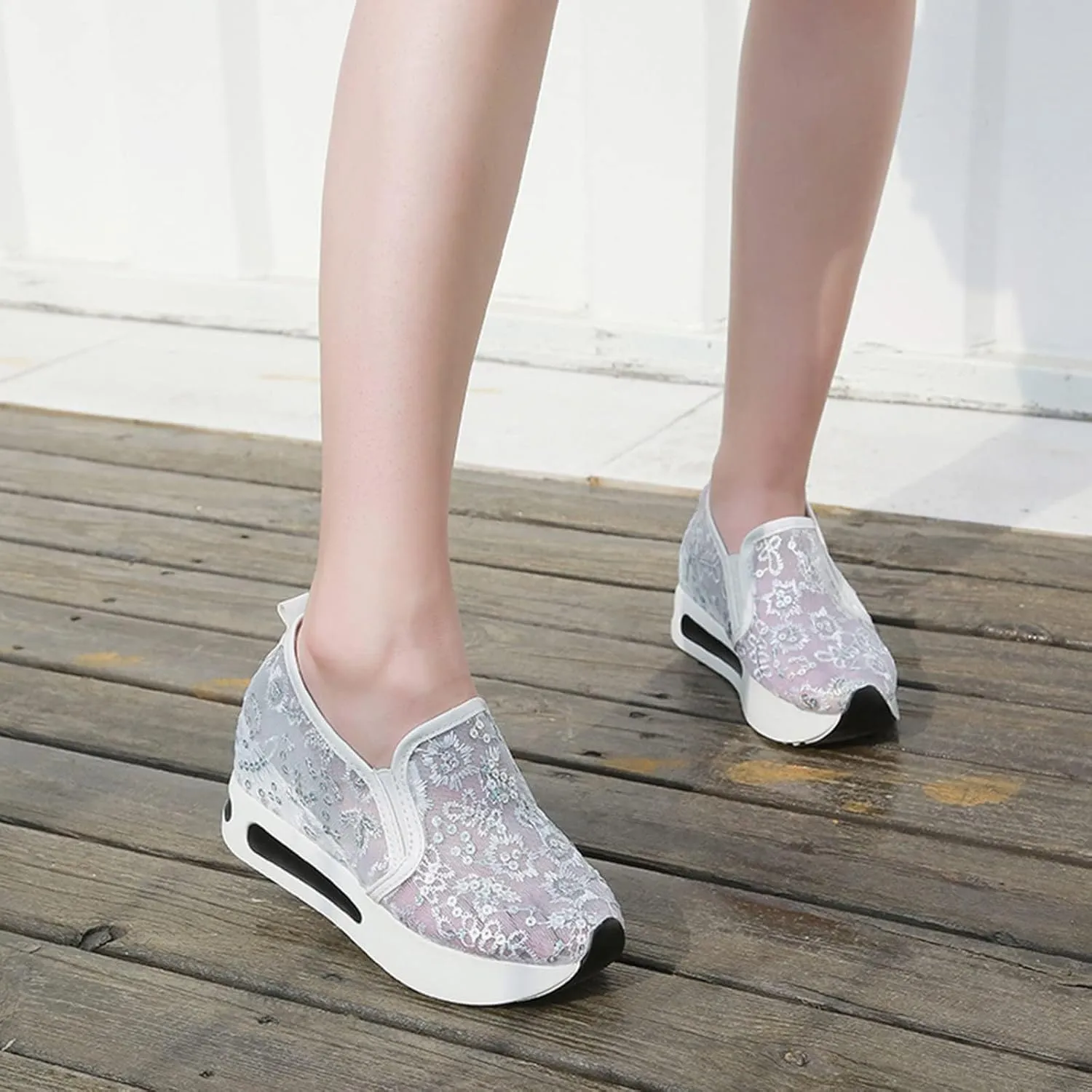 Floral Embroidery Breathable Sheer Mesh Sneakers for Women 2025 Spring Glitter Mesh Casual Sneakers Platform Wedge Floral Shoes Slip On Dressy Tennis Shoes for Outdoor Walking