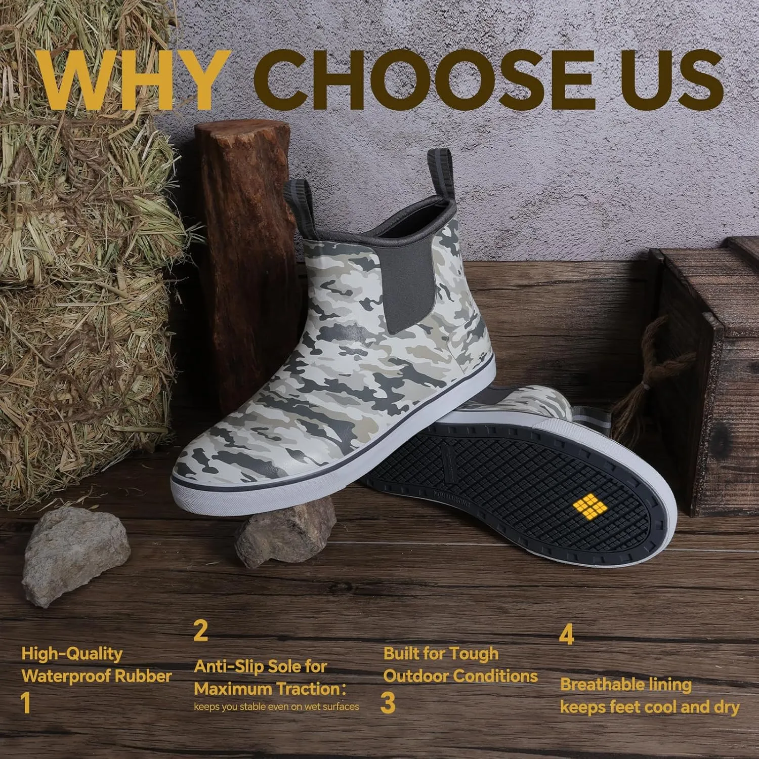 Furuian Men's Deck Boots Fishing Boots Waterproof Rain Boots Ankle Booties Slip On Neoprene Rubber Footwear Chelsea Boots Men botas para hombre for Gardening Fishing Boating Camping Sailing