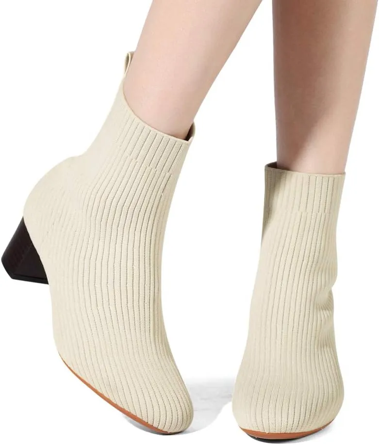 GATUXUS Women's Glove Chunky Mid Heel Ankle Boots Pointed Toe Knit Sock Style Booties Casual Warm Shoes