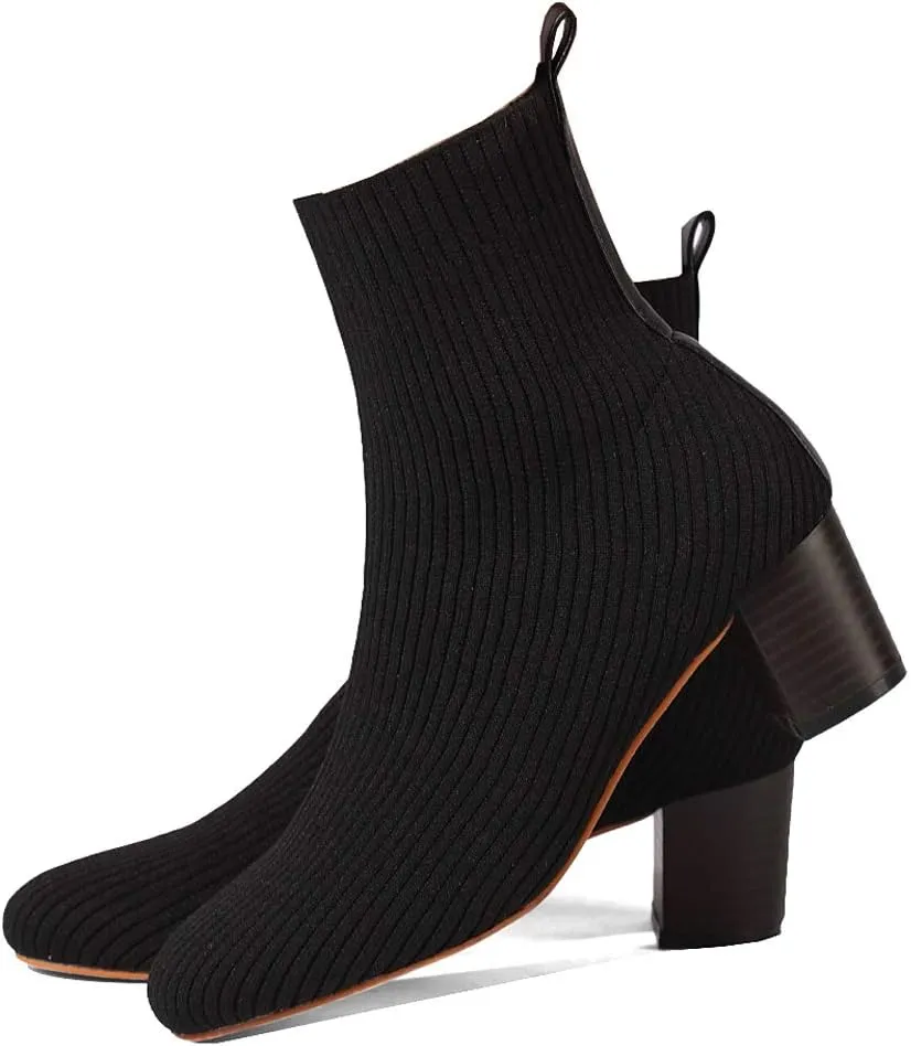 GATUXUS Women's Glove Chunky Mid Heel Ankle Boots Pointed Toe Knit Sock Style Booties Casual Warm Shoes