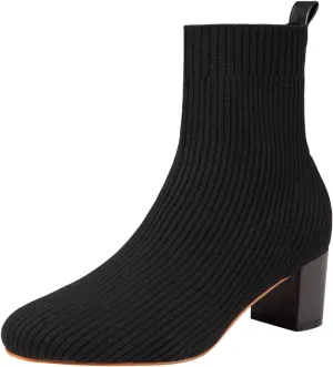 GATUXUS Women's Glove Chunky Mid Heel Ankle Boots Pointed Toe Knit Sock Style Booties Casual Warm Shoes