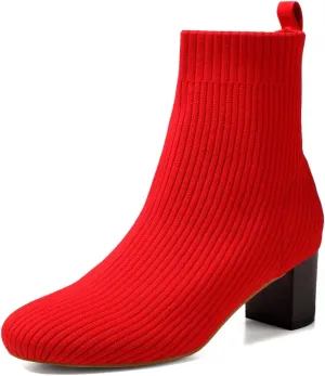 GATUXUS Women's Glove Chunky Mid Heel Ankle Boots Pointed Toe Knit Sock Style Booties Casual Warm Shoes