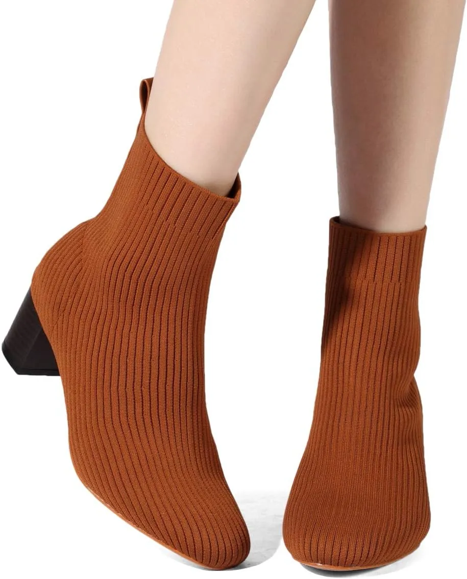 GATUXUS Women's Glove Chunky Mid Heel Ankle Boots Pointed Toe Knit Sock Style Booties Casual Warm Shoes