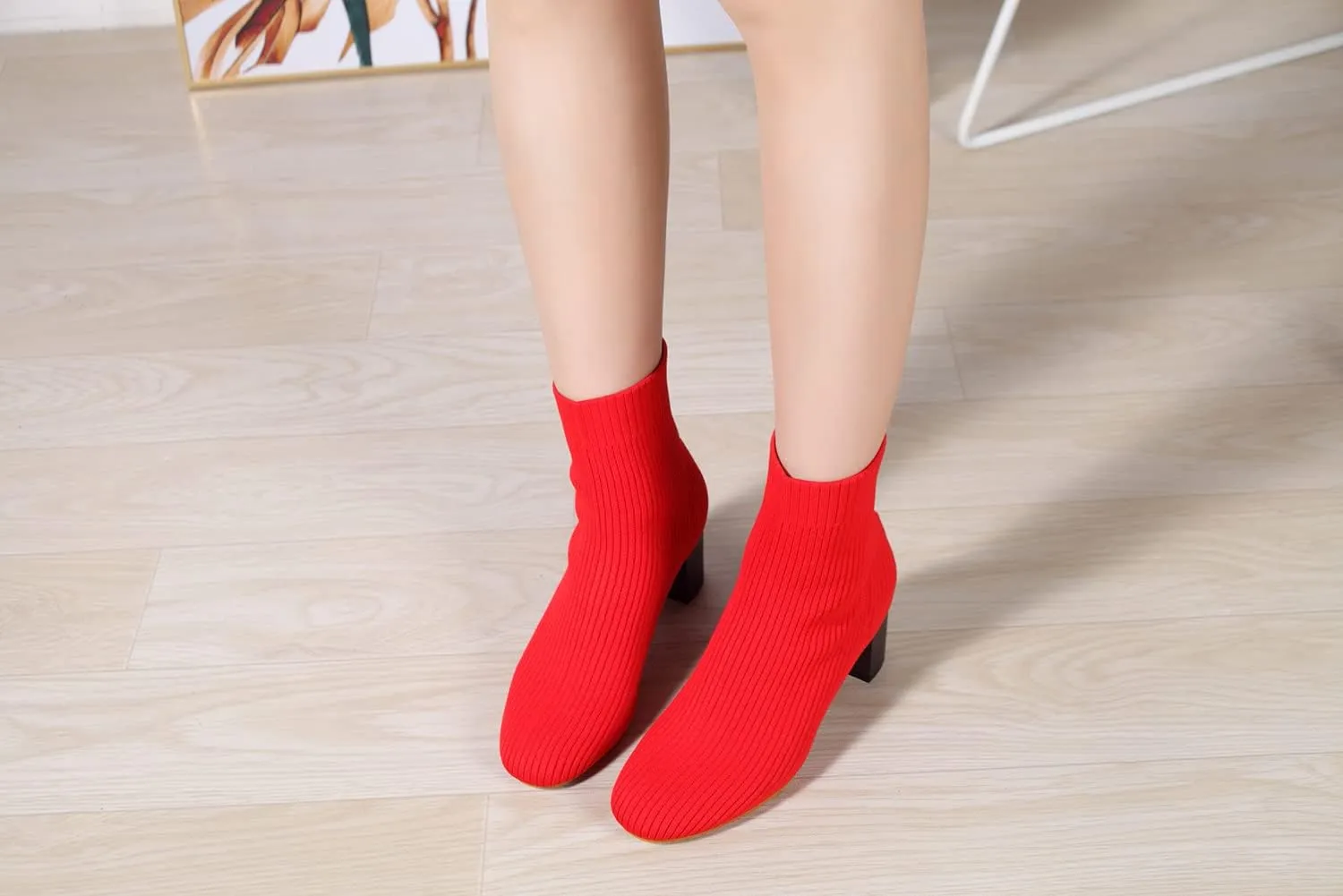 GATUXUS Women's Glove Chunky Mid Heel Ankle Boots Pointed Toe Knit Sock Style Booties Casual Warm Shoes