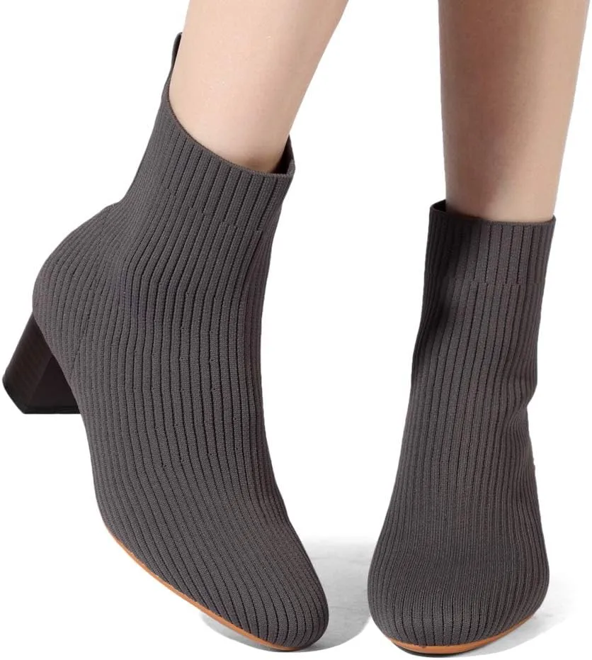 GATUXUS Women's Glove Chunky Mid Heel Ankle Boots Pointed Toe Knit Sock Style Booties Casual Warm Shoes
