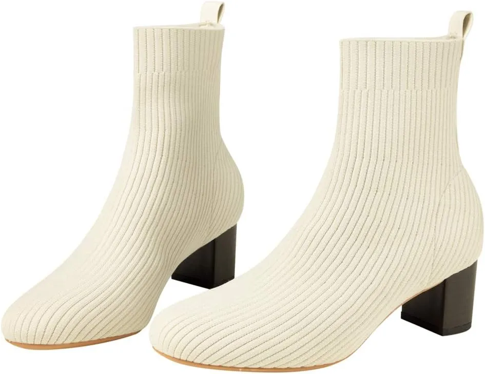GATUXUS Women's Glove Chunky Mid Heel Ankle Boots Pointed Toe Knit Sock Style Booties Casual Warm Shoes