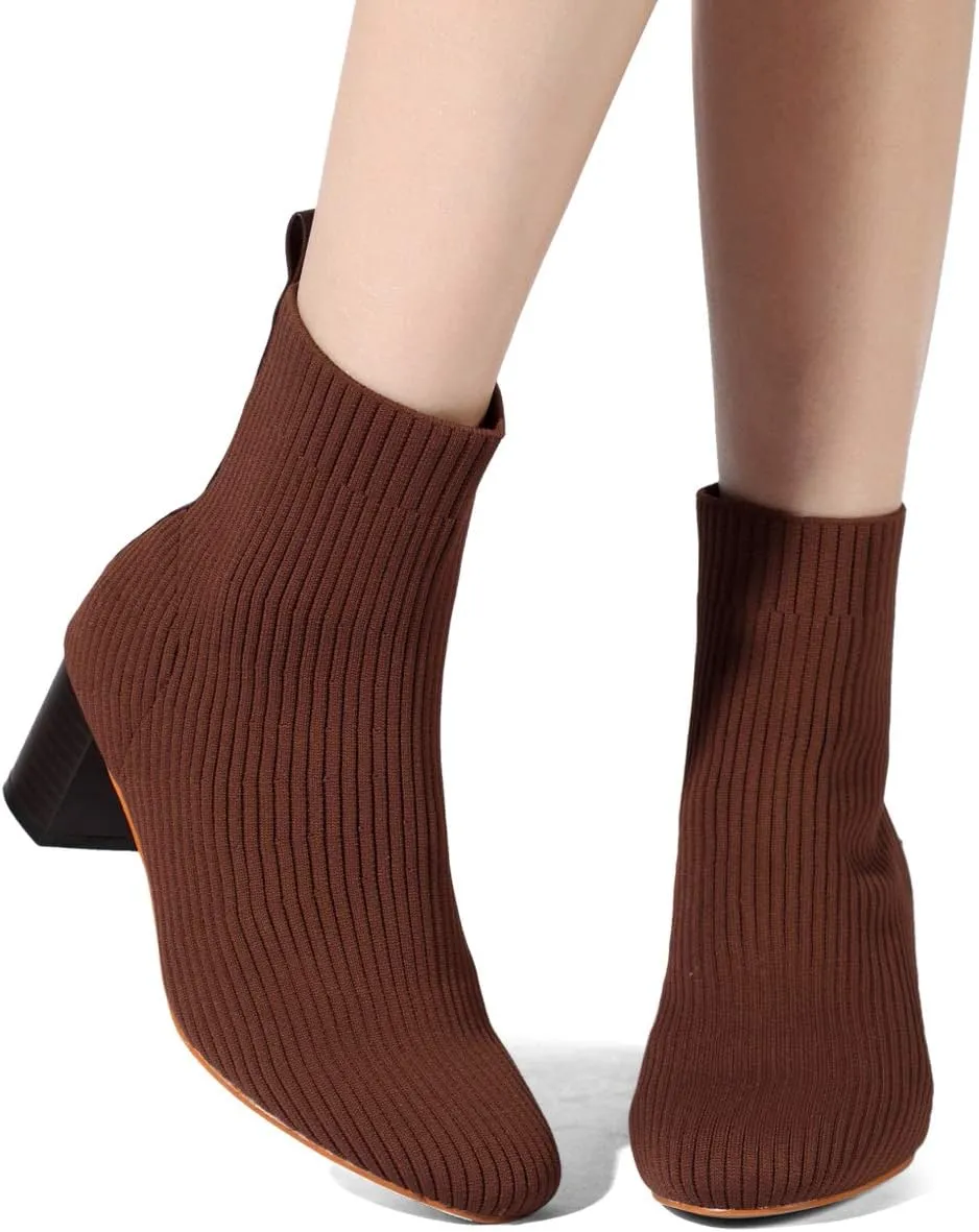 GATUXUS Women's Glove Chunky Mid Heel Ankle Boots Pointed Toe Knit Sock Style Booties Casual Warm Shoes