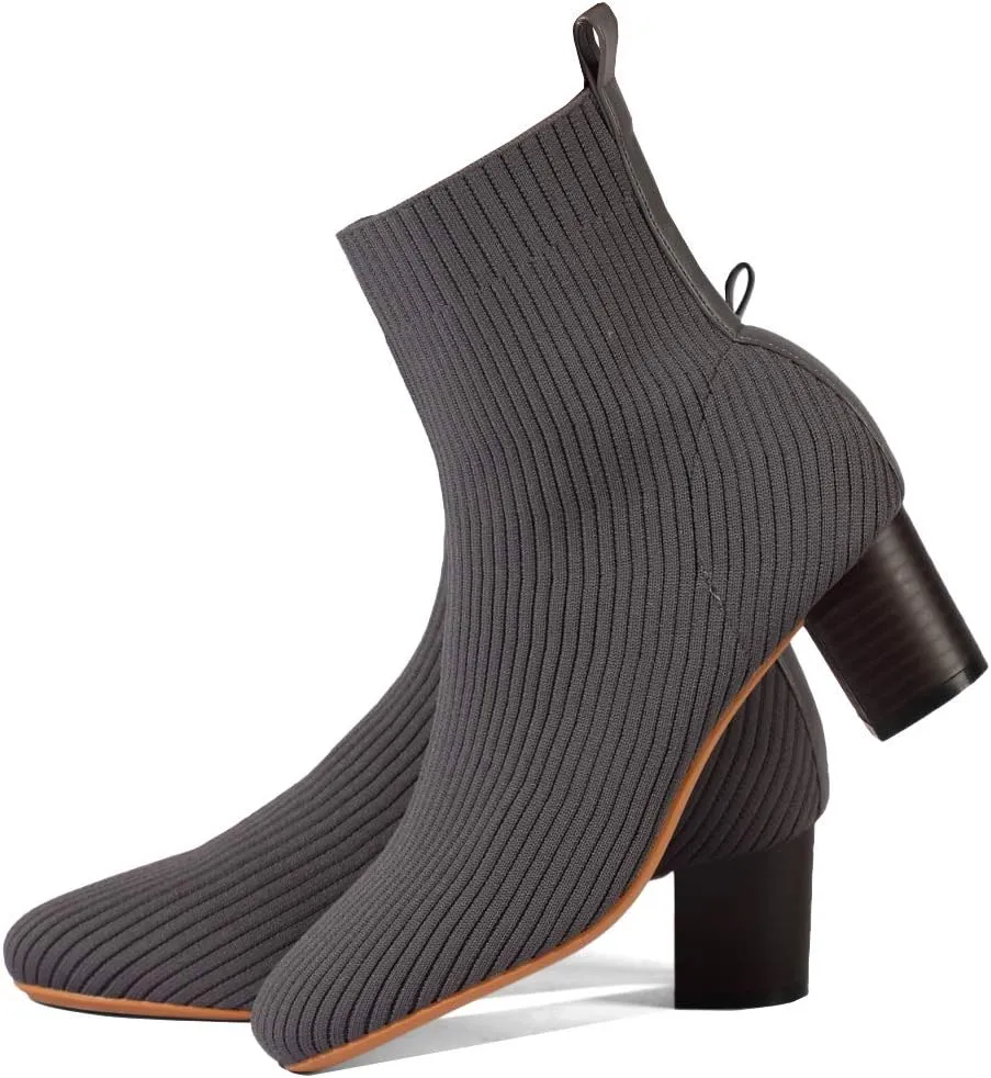 GATUXUS Women's Glove Chunky Mid Heel Ankle Boots Pointed Toe Knit Sock Style Booties Casual Warm Shoes