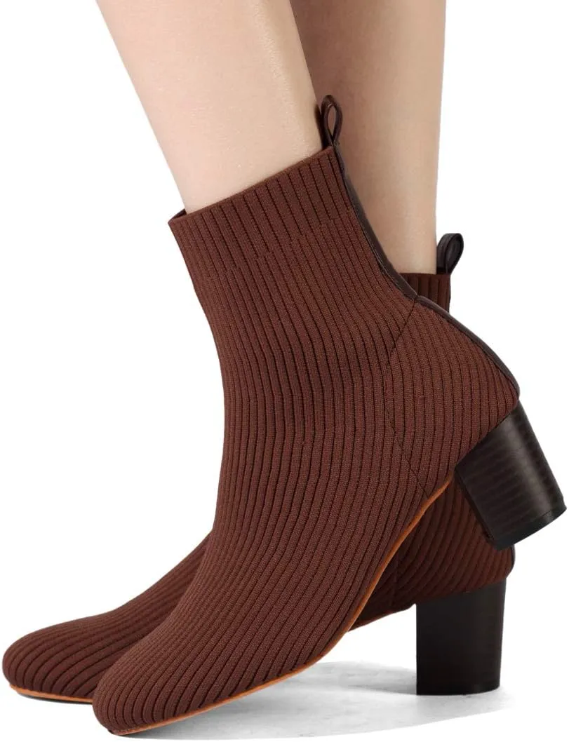 GATUXUS Women's Glove Chunky Mid Heel Ankle Boots Pointed Toe Knit Sock Style Booties Casual Warm Shoes