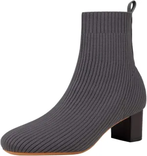 GATUXUS Women's Glove Chunky Mid Heel Ankle Boots Pointed Toe Knit Sock Style Booties Casual Warm Shoes