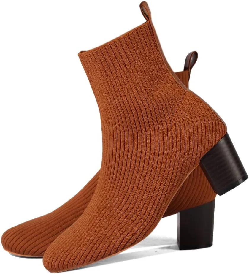GATUXUS Women's Glove Chunky Mid Heel Ankle Boots Pointed Toe Knit Sock Style Booties Casual Warm Shoes