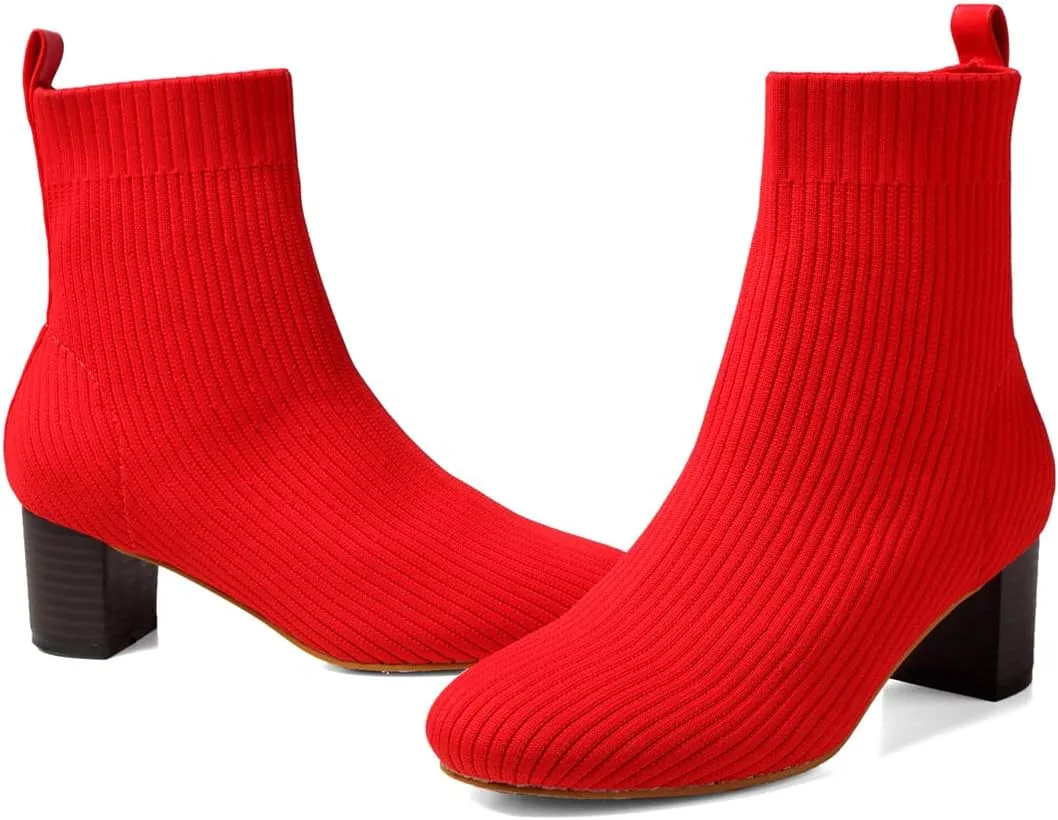 GATUXUS Women's Glove Chunky Mid Heel Ankle Boots Pointed Toe Knit Sock Style Booties Casual Warm Shoes