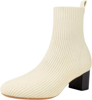 GATUXUS Women's Glove Chunky Mid Heel Ankle Boots Pointed Toe Knit Sock Style Booties Casual Warm Shoes