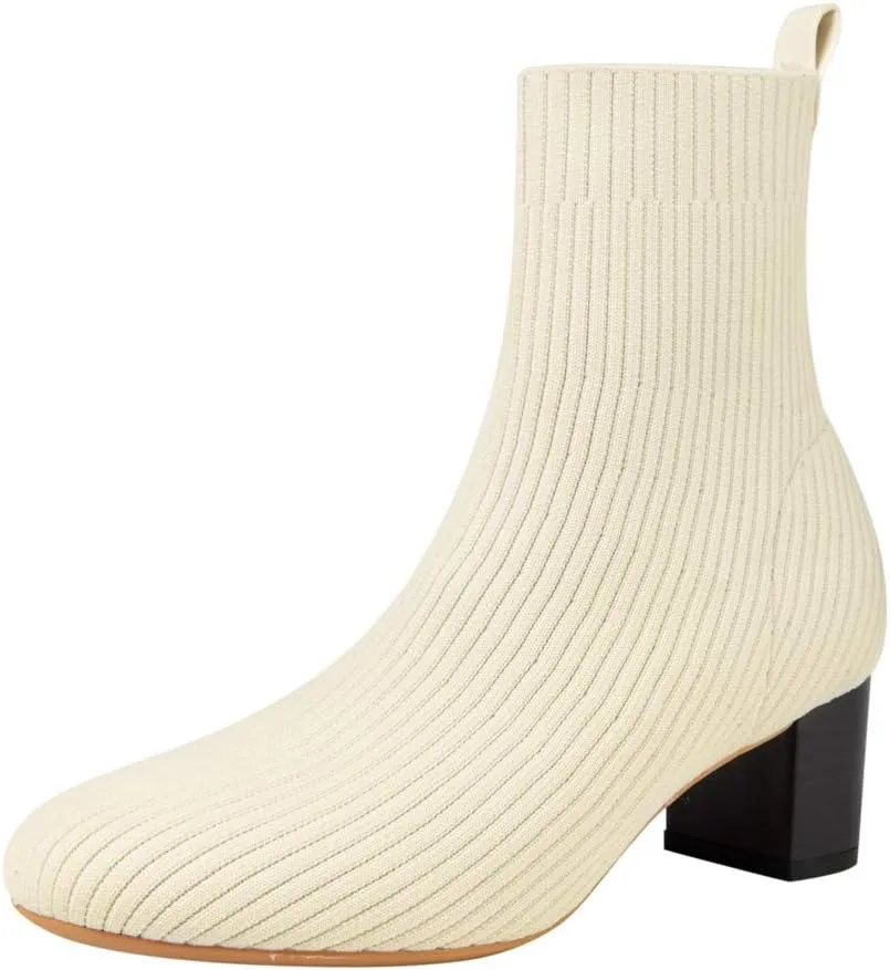 GATUXUS Women's Glove Chunky Mid Heel Ankle Boots Pointed Toe Knit Sock Style Booties Casual Warm Shoes