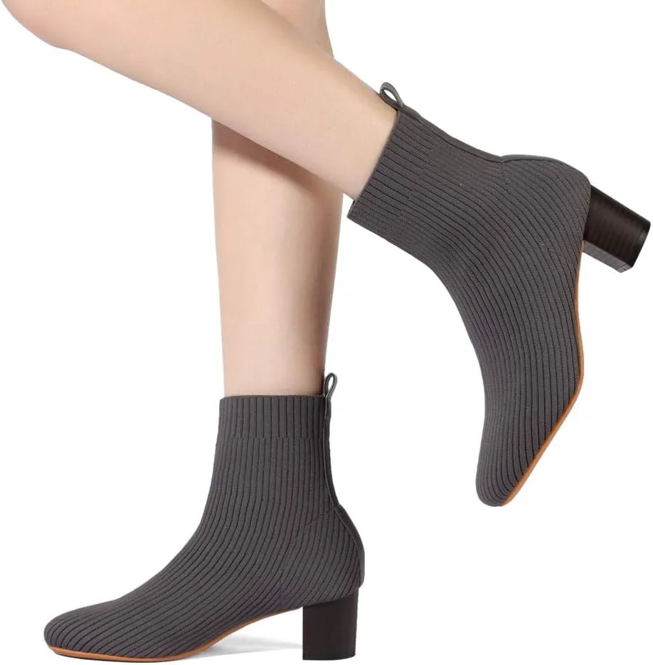 GATUXUS Women's Glove Chunky Mid Heel Ankle Boots Pointed Toe Knit Sock Style Booties Casual Warm Shoes