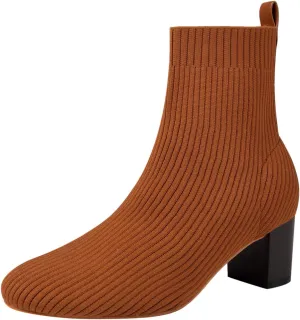 GATUXUS Women's Glove Chunky Mid Heel Ankle Boots Pointed Toe Knit Sock Style Booties Casual Warm Shoes