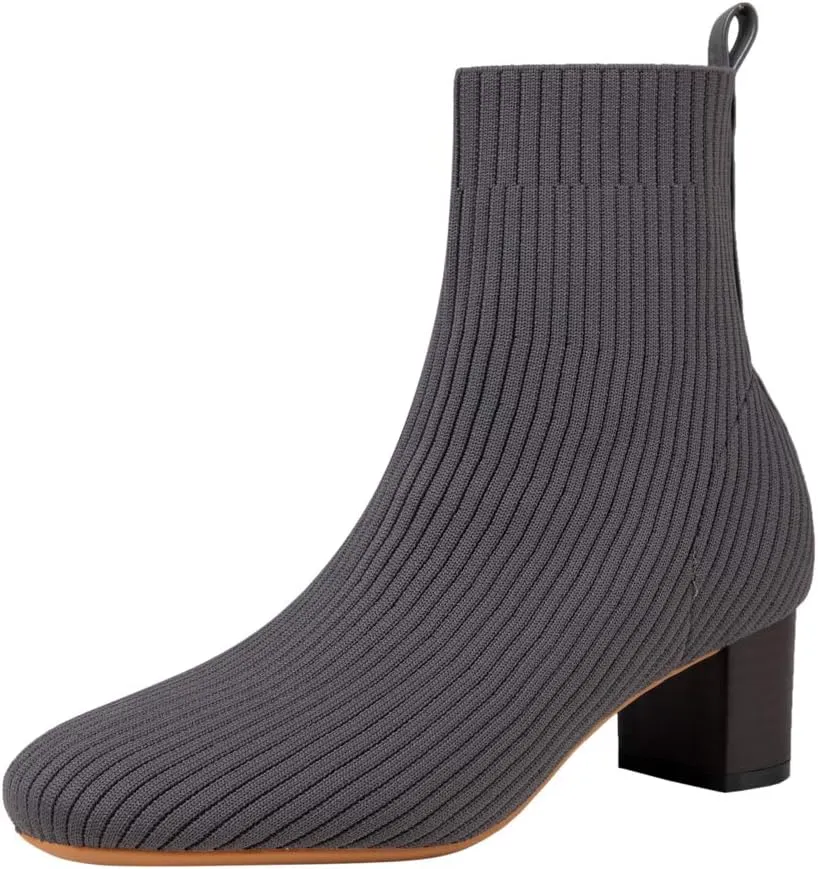 GATUXUS Women's Glove Chunky Mid Heel Ankle Boots Pointed Toe Knit Sock Style Booties Casual Warm Shoes