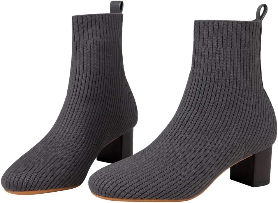 GATUXUS Women's Glove Chunky Mid Heel Ankle Boots Pointed Toe Knit Sock Style Booties Casual Warm Shoes