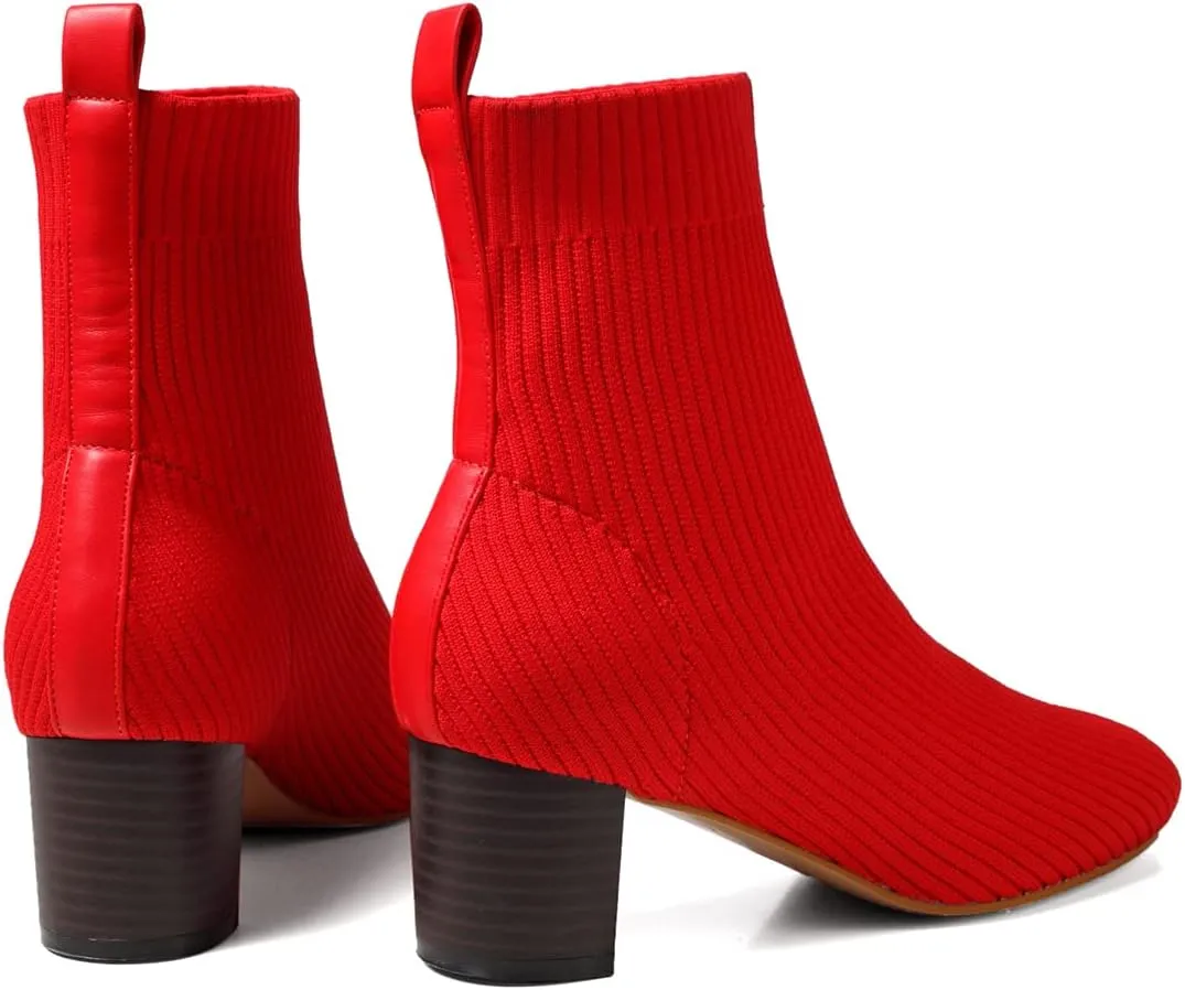 GATUXUS Women's Glove Chunky Mid Heel Ankle Boots Pointed Toe Knit Sock Style Booties Casual Warm Shoes